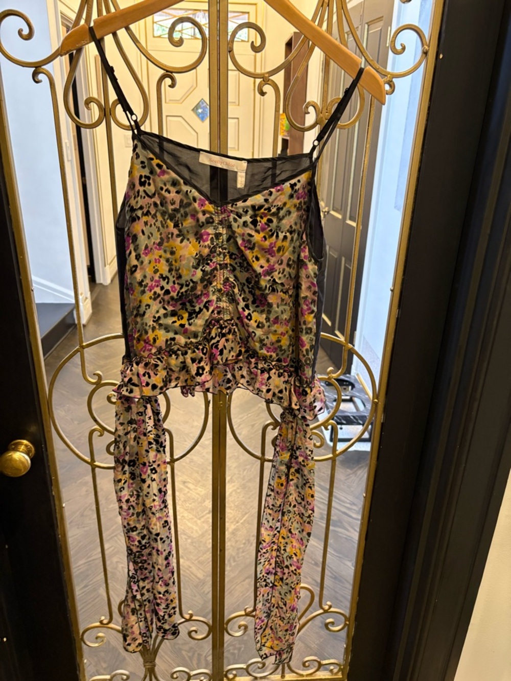See By Chloé Multicolor Leopard Silk Cami with Pink velvet size 40 medium tasel